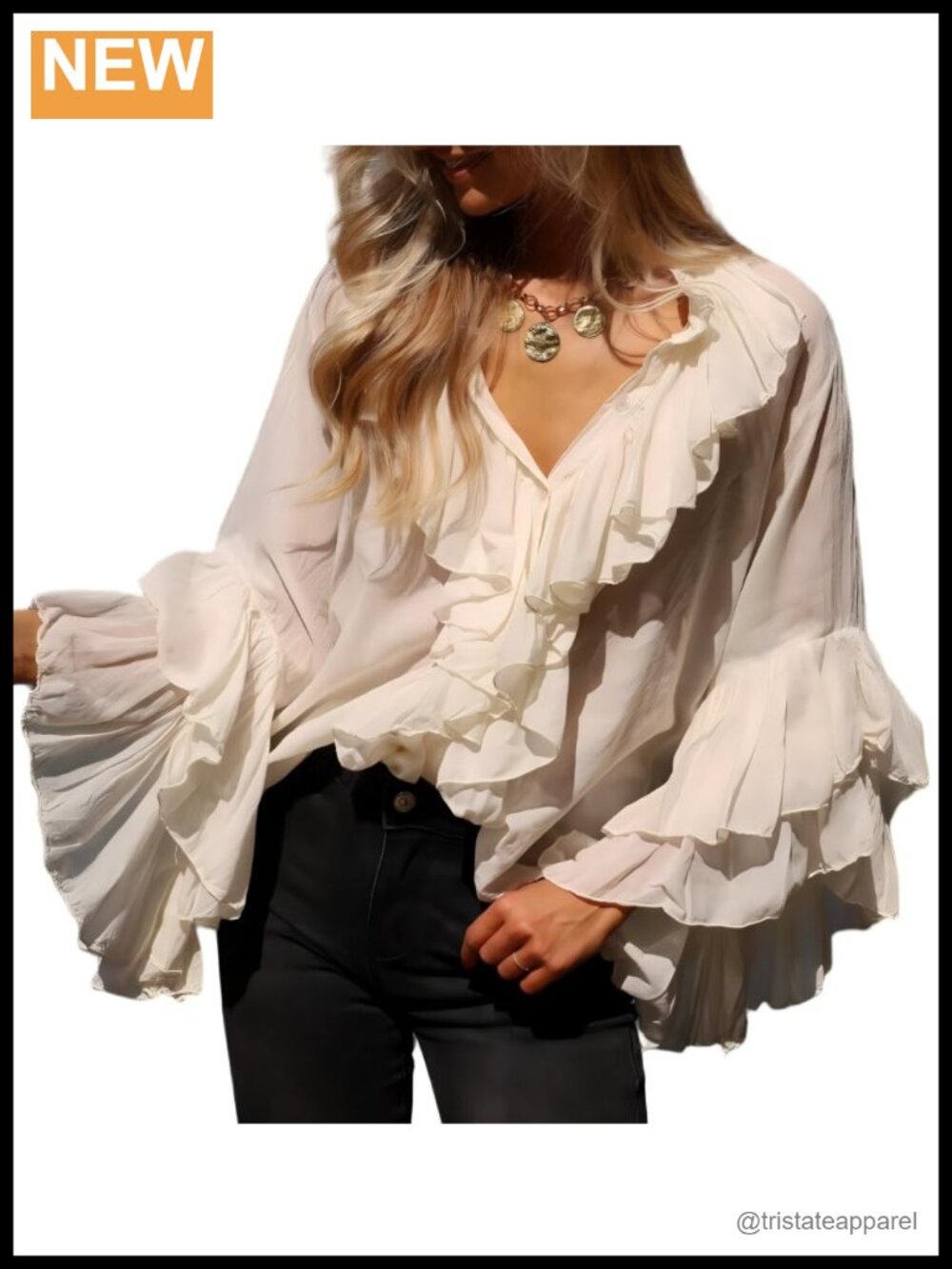 Flowy Chiffon Ruffled Boho Peplum Blouse V Neck Tie Front Tie Waist Long Sleeve
